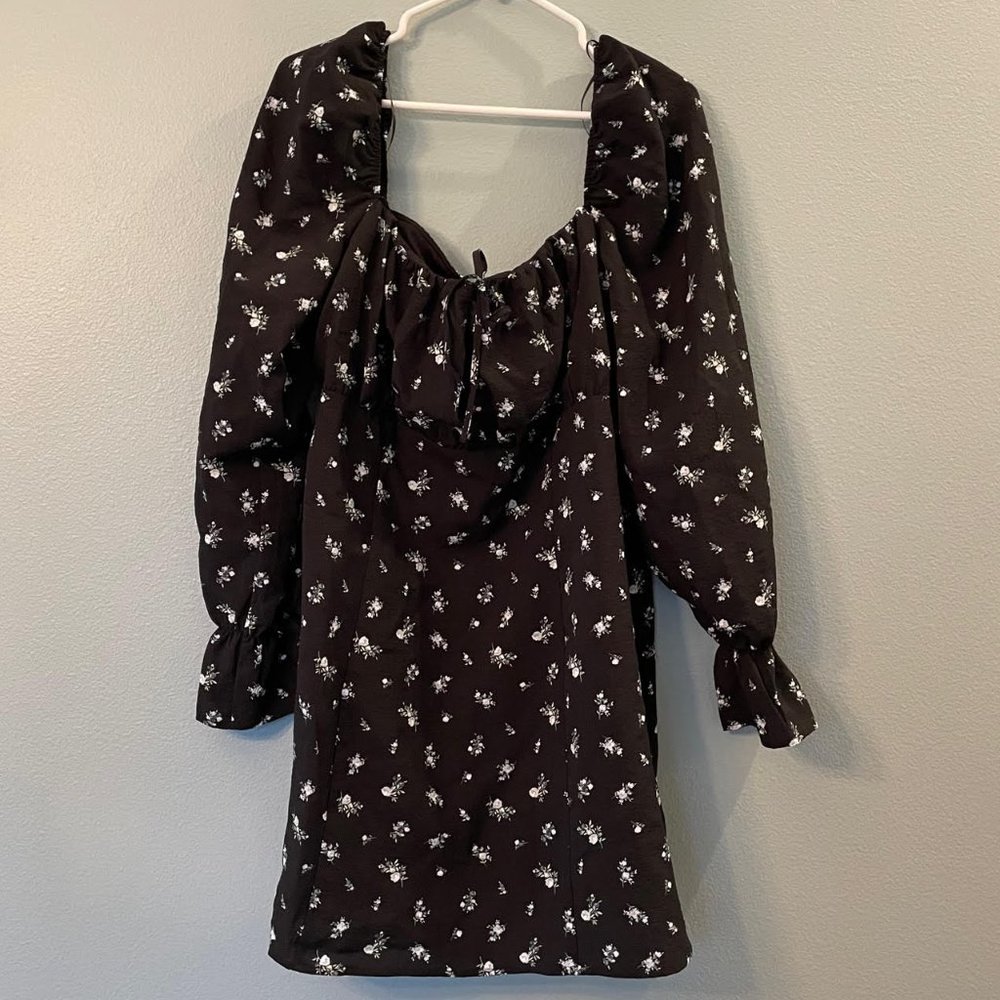 H&M Divided Long Slv Black Floral Mini Dress scoop neck NWT size XL